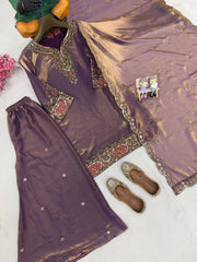 Diwali Purple Fendy Silk Kurti Palazzo Set – Stone Handwork Kurti with Flared Palazzo & Sequin Dupatta 4