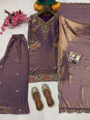 Diwali Purple Fendy Silk Kurti Palazzo Set – Stone Handwork Kurti with Flared Palazzo & Sequin Dupatta 5