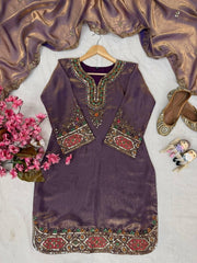 Diwali Purple Fendy Silk Kurti Palazzo Set – Stone Handwork Kurti with Flared Palazzo & Sequin Dupatta 6