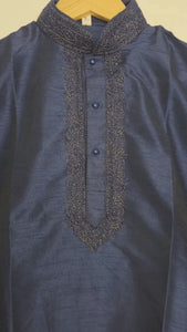 Kids Navy Blue Raw Silk Kurta with White Cotton Pyjama