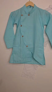 Kids Firoza Cotton Kurta with Embroidery & White Cotton Pyjama