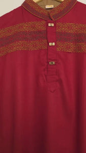 Kids Red Linen Kurta with Embroidery & White Cotton Pyjama