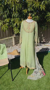 Pista Green Anarkoli Dress – Embroidered Chiffon with Silk Dupatta