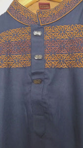 Kids Navy Blue Linen Kurta with Embroidery & White Cotton Pyjama