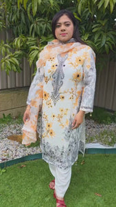 White & Orange Organza Salwar Suit – Floral Print & Pipe Work