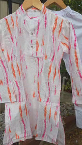 “Kids multicolor kurta with white cotton pyjama – traditional boys outfit”