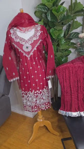 Maroon Pakistani Salwar Suit – Organza with Silver Embroidery