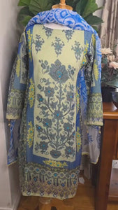 Green & Blue Organza Salwar Suit – Floral Print & Pipe Work