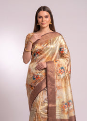 Diwali Bunbury Silk Saree – Digital Floral Print Tissue Saree with Brown Zari Border & Matching Blouse 4