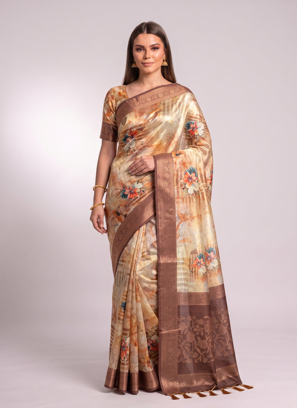 Bunbury silk saree with digital floral print and brown zari border – front view