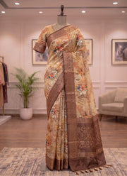 Diwali Bunbury Silk Saree – Digital Floral Print Tissue Saree with Brown Zari Border & Matching Blouse 2