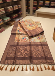 Diwali Bunbury Silk Saree – Digital Floral Print Tissue Saree with Brown Zari Border & Matching Blouse 3