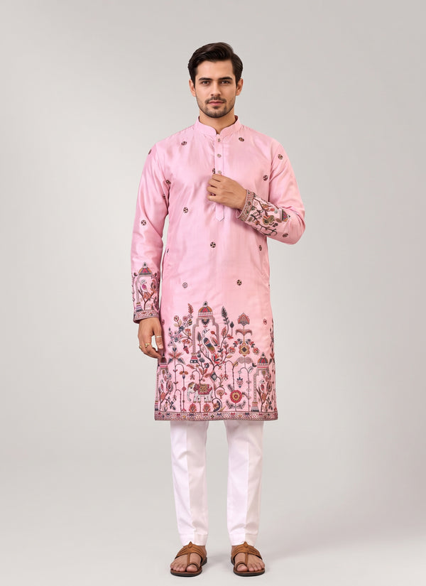 Baby pink pure silk kurta for men with multicoloured daman embroidery – front view