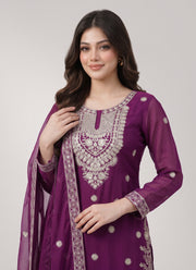 Diwali Purple Silk Palazzo Suit – Silver Sequin Yoke Embroidery Kurti with Dupatta 2