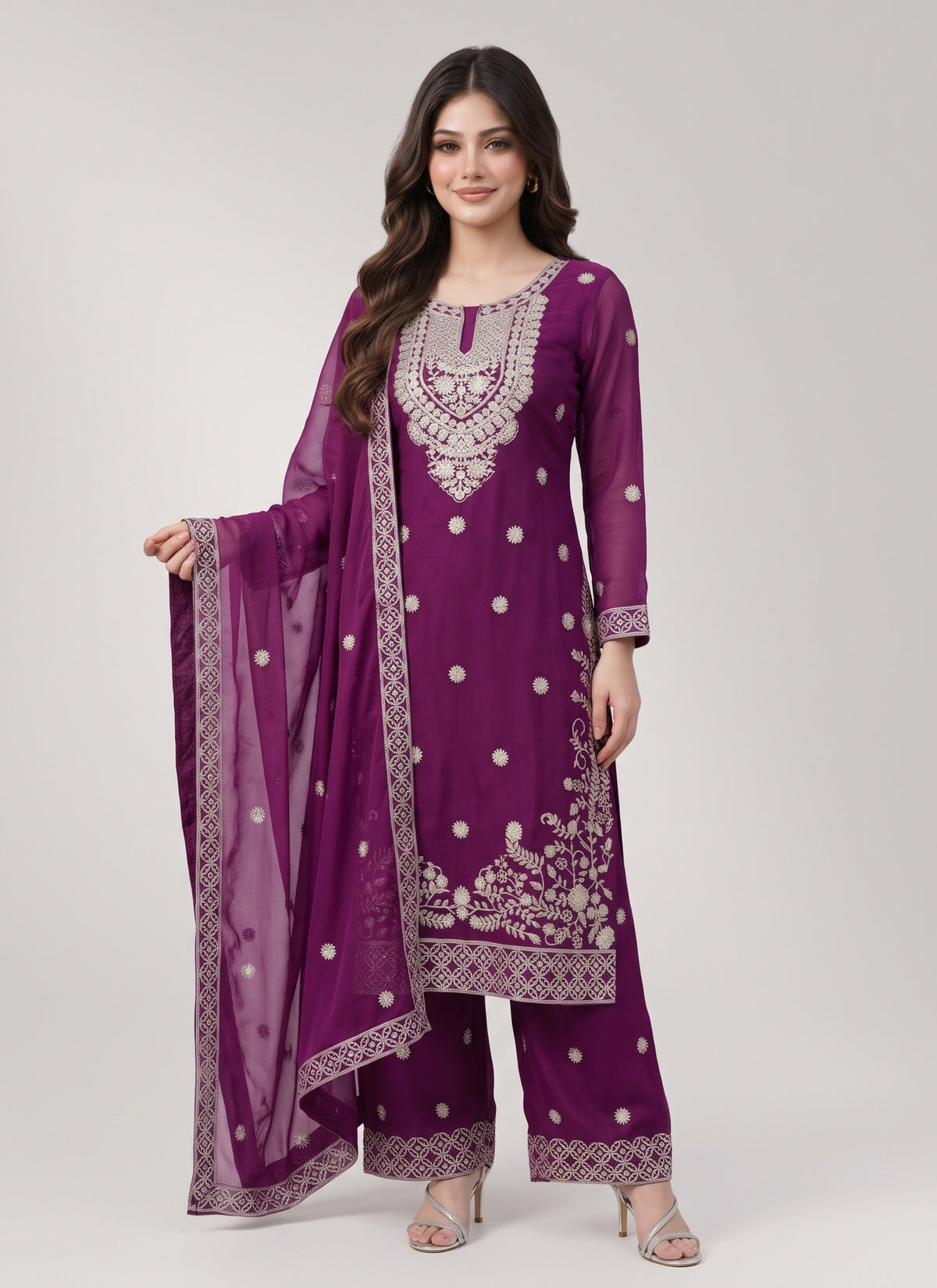 Diwali Purple Silk Palazzo Suit – Silver Sequin Yoke Embroidery Kurti with Dupatta Australia