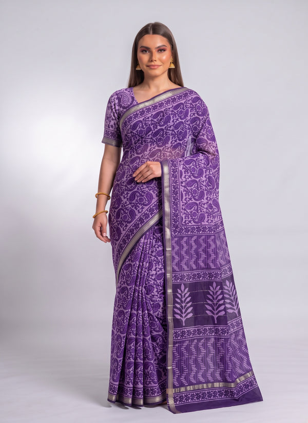 Purple Maheshwari saree with lavender paisley block print – front view