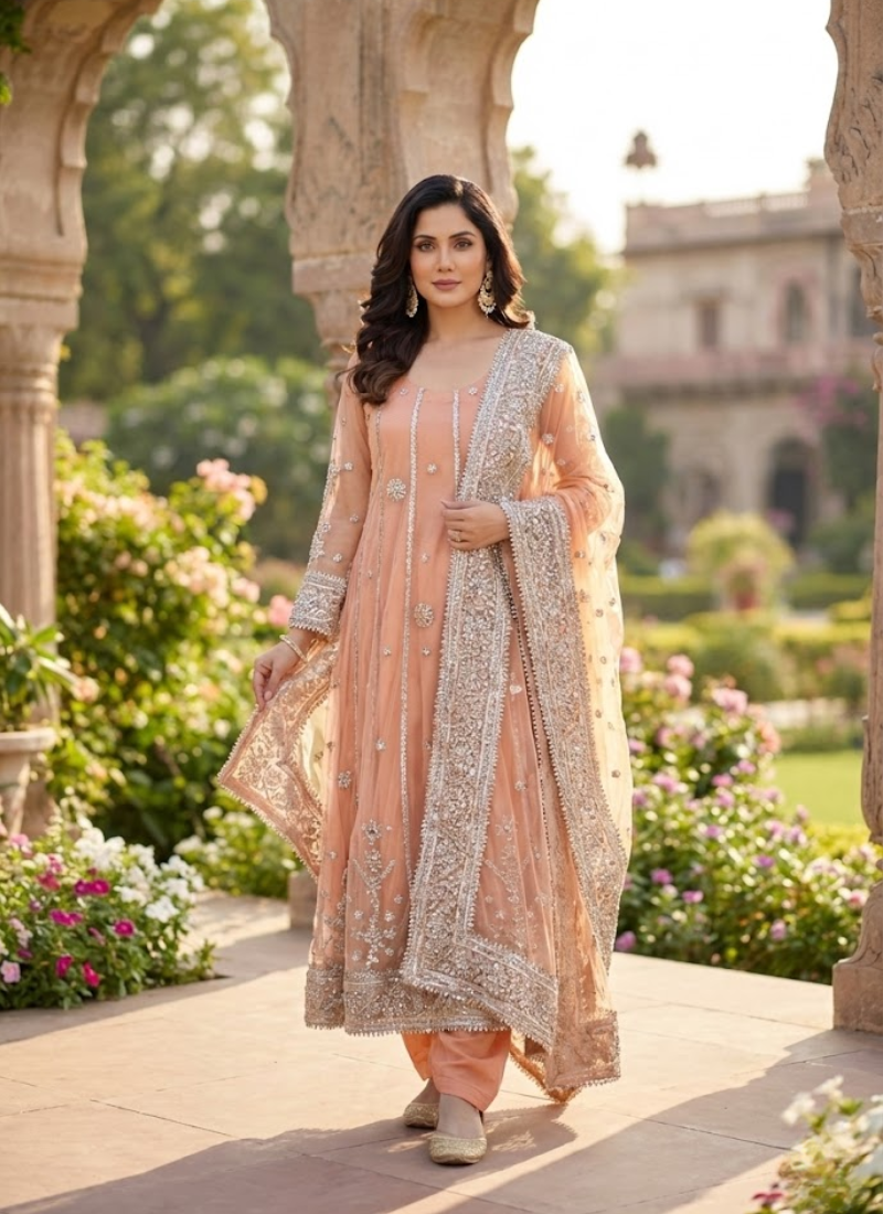 Pakistani Anarkali Dress – Peach Net Gota Patti