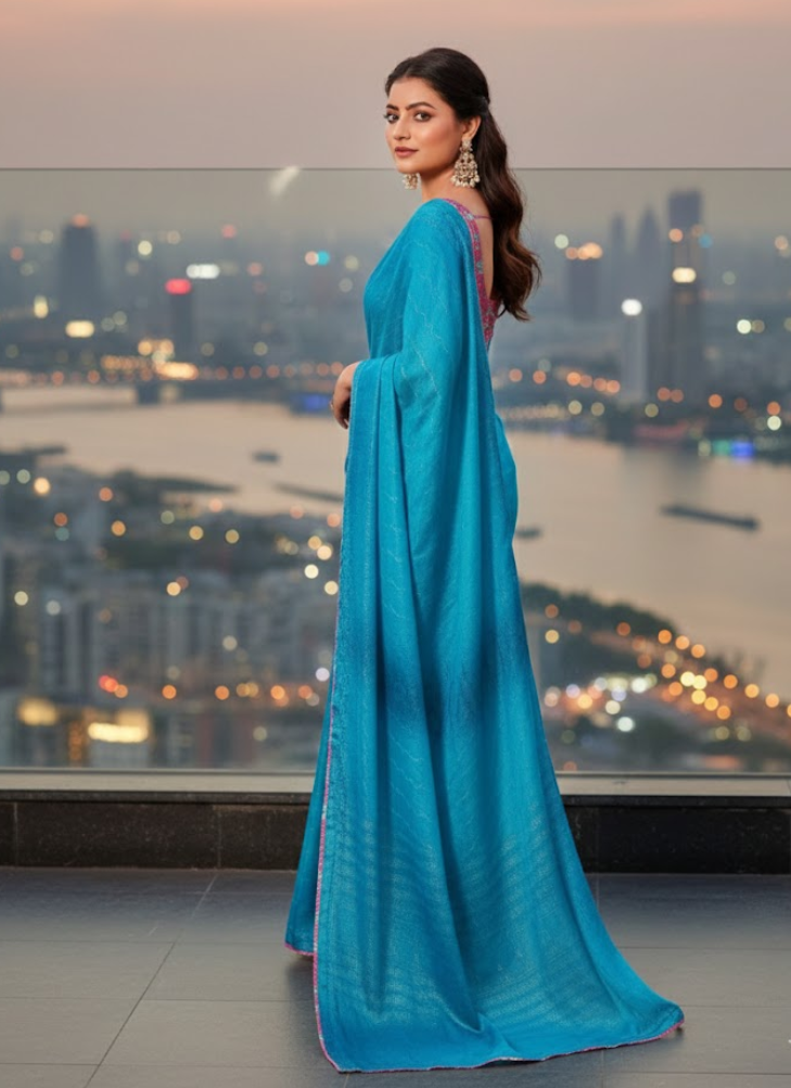 Blue Chiffon Saree with Stitched Floral Blouse