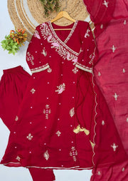 Diwali Red Angrakha Palazzo Suit – Mul Chanderi Sequin Embroidered Kurti with Pant & Dupatta 3