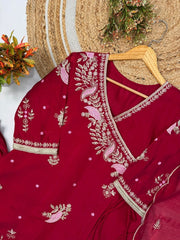 Diwali Red Angrakha Palazzo Suit – Mul Chanderi Sequin Embroidered Kurti with Pant & Dupatta 4
