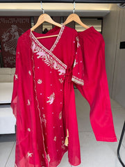 Diwali Red Angrakha Palazzo Suit – Mul Chanderi Sequin Embroidered Kurti with Pant & Dupatta 6