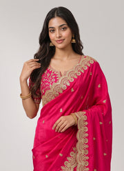 Diwali Rani Pink Satin Silk Saree – Sequin & Zari Dori Cutwork Border Saree with Embroidered Blouse 2