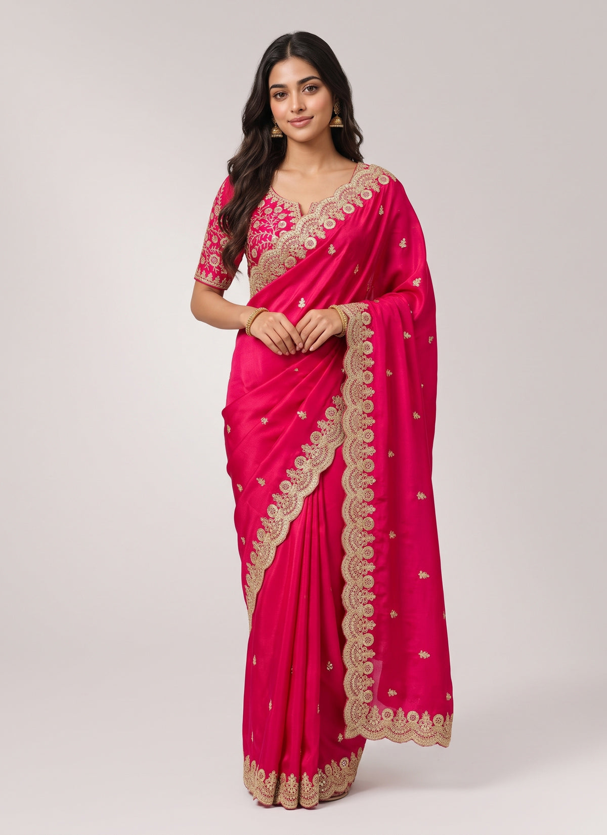 Diwali Rani Pink Satin Silk Saree – Sequin & Zari Dori Cutwork Border Saree with Embroidered Blouse Australia