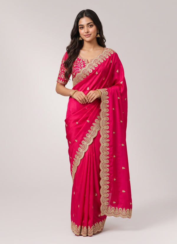 Diwali rani pink satin silk saree with sequin cutwork border