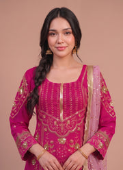 Diwali Rani Pink Sindoor Silk Sharara Suit – Sequin Embroidered Kurti with Net Dupatta 3