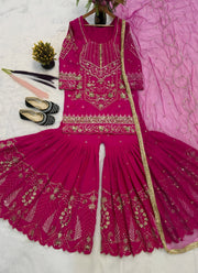 Diwali Rani Pink Sindoor Silk Sharara Suit – Sequin Embroidered Kurti with Net Dupatta 2