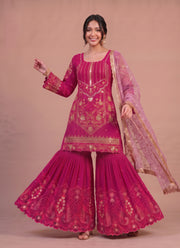 Diwali Rani Pink Sindoor Silk Sharara Suit – Sequin Embroidered Kurti with Net Dupatta 4