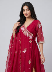 Diwali Red Angrakha Palazzo Suit – Mul Chanderi Sequin Embroidered Kurti with Pant & Dupatta 2