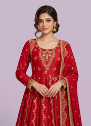 Diwali Red Crepe Anarkali Suit – Gold Zari & Sequin Embroidery with Pants & Dupatta 2