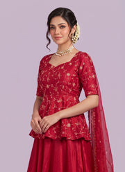 Diwali Crinkle Silk Peplum Lehenga Set – Floral Vine Embroidery Top with 6.5m Flare Skirt & Dupatta 2