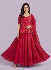 Diwali Crinkle Silk Peplum Lehenga Set – Floral Vine Embroidery Top with 6.5m Flare Skirt & Dupatta 1