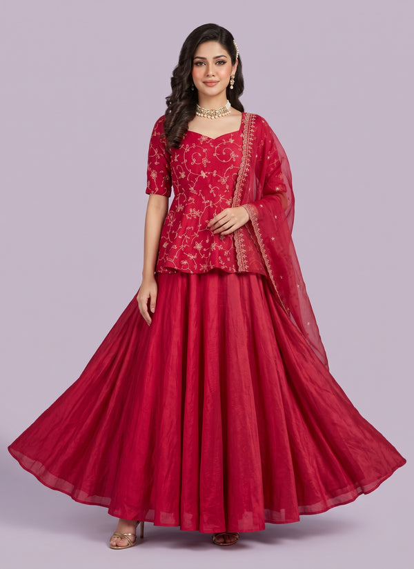 Red crinkle silk peplum lehenga with embroidered top and dupatta - front