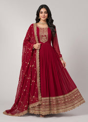 Diwali Red Georgette Anarkali Gown – Gold Sequin Yoke & Hem with Trellis Dupatta 1