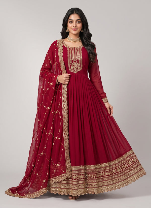 Deep red faux georgette anarkali gown with gold sequin yoke, full flare, wide sequin hem border and trellis sequin dupatta, front view