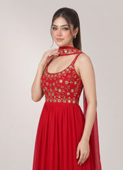 Diwali Red Georgette Mirror Work Gown – Sequin & Zari Strap Bodice with Ruffle Flare & Dupatta 3