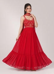 Diwali Red Georgette Mirror Work Gown – Sequin & Zari Strap Bodice with Ruffle Flare & Dupatta 1
