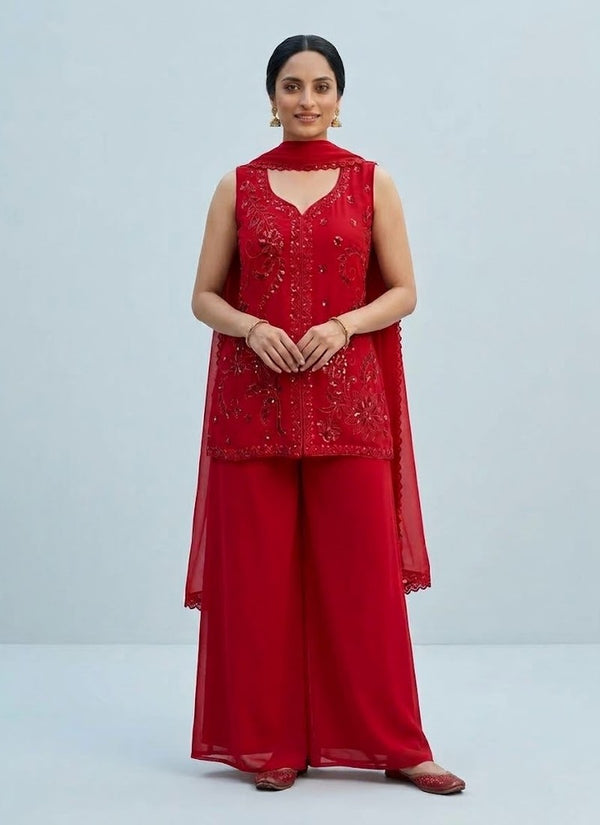 Red georgette palazzo suit with sequin embroidered sleeveless kurti and dupatta draped around the neck, front view
