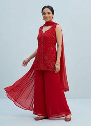 Diwali Red Georgette Palazzo Suit – Sequin Embroidered Sleeveless Kurti & Dupatta 2