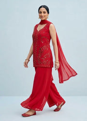 Diwali Red Georgette Palazzo Suit – Sequin Embroidered Sleeveless Kurti & Dupatta 5