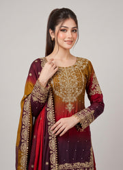 Diwali Shaded Chinon Sharara Suit – Gold Sequin & Pearl Embroidery with Tassels & Lace Dupatta 2