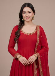 Diwali Red Rangoli Anarkali Suit – Gold Sequin Paisley Border with Pant & Dupatta 4