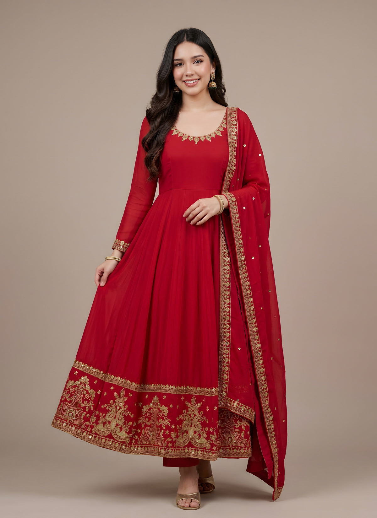 Diwali Red Rangoli Anarkali Suit – Gold Sequin Paisley Border with Pant & Dupatta Australia