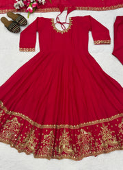 Diwali Red Rangoli Anarkali Suit – Gold Sequin Paisley Border with Pant & Dupatta 2