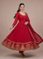 Diwali Red Rangoli Anarkali Suit – Gold Sequin Paisley Border with Pant & Dupatta 3