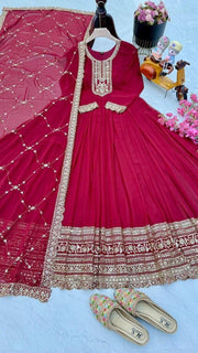 Diwali Red Georgette Anarkali Gown – Gold Sequin Yoke & Hem with Trellis Dupatta 3