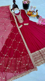 Diwali Red Georgette Anarkali Gown – Gold Sequin Yoke & Hem with Trellis Dupatta 4